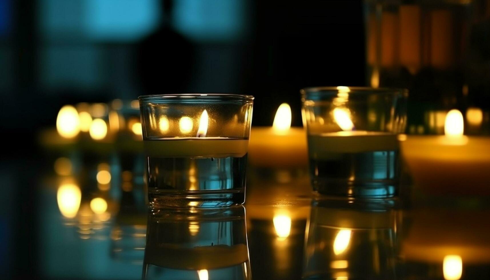 réflexion de illuminé bar, whisky cocktail embrasé dans aux chandelles généré par ai photo