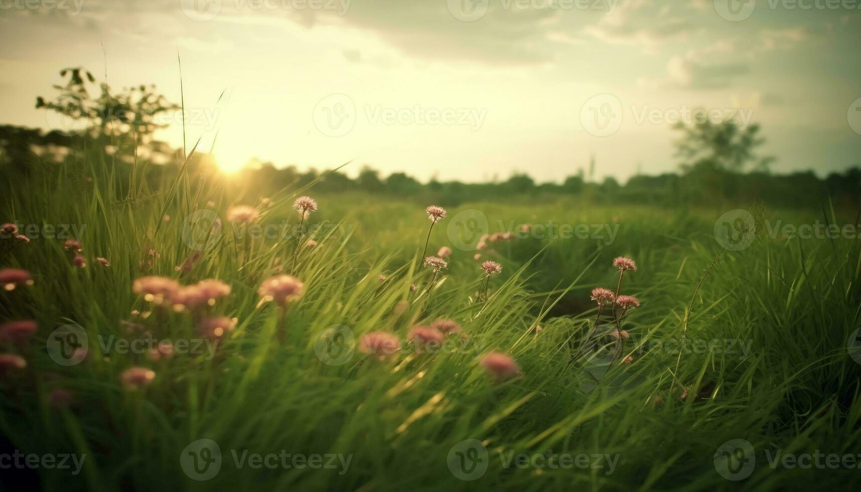vibrant fleurs sauvages fleur dans tranquille Prairie à lever du soleil, idyllique paysage généré par ai photo