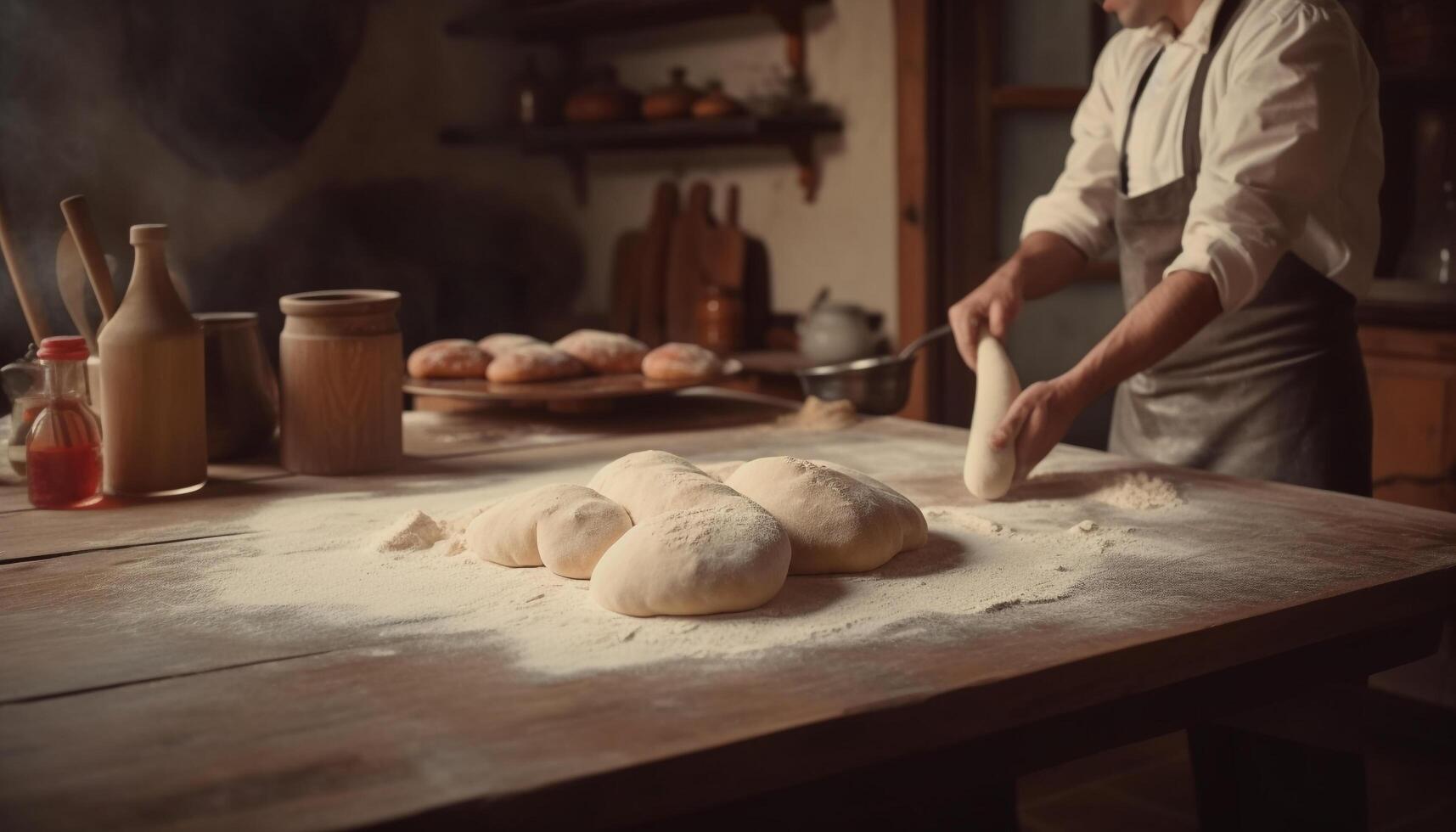 fraîchement cuit fait maison pain sur rustique en bois tableau, préparé avec se soucier généré par ai photo