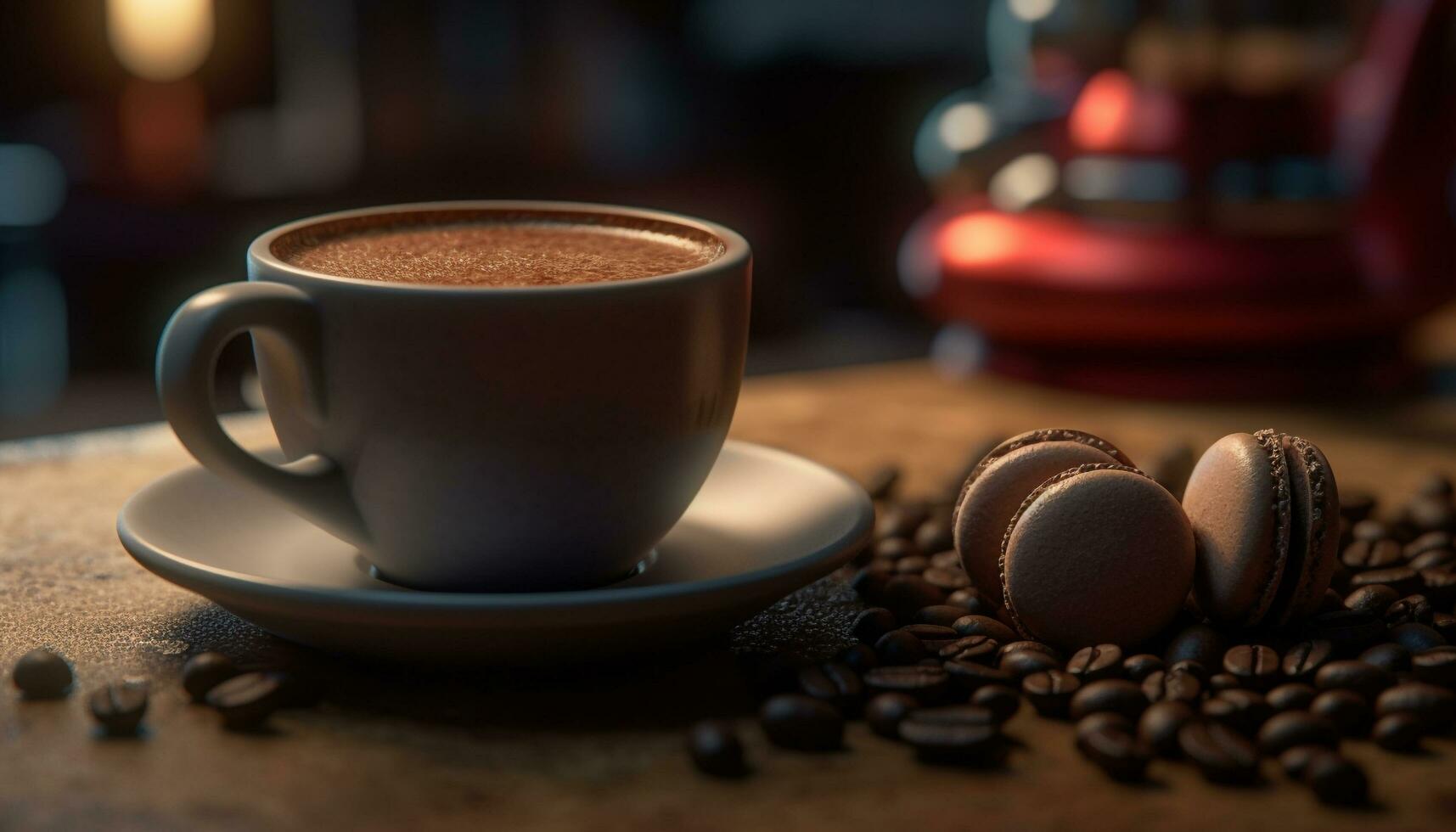 fraîchement brassée café dans une mousseux cappuccino sur en bois table généré par ai photo