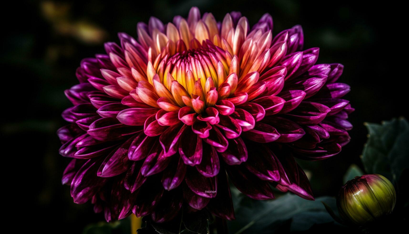 vibrant violet dahlia, Célibataire fleur, macro, Frais sur humide feuille généré par ai photo