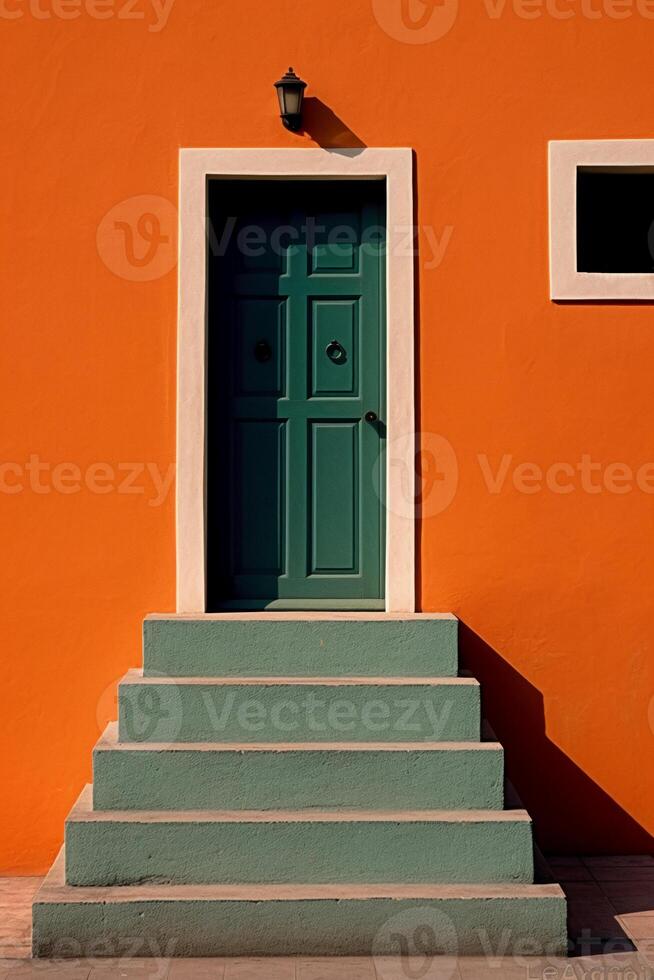 un Orange mur avec une porte et pas, dans le style de lumière émeraude et indigo. ai génératif photo