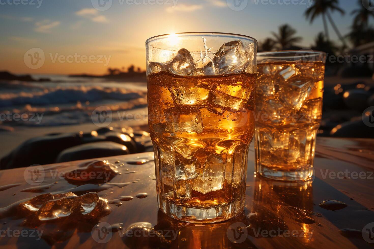 glace froide Bière dans verre sur une plage. ai génératif photo