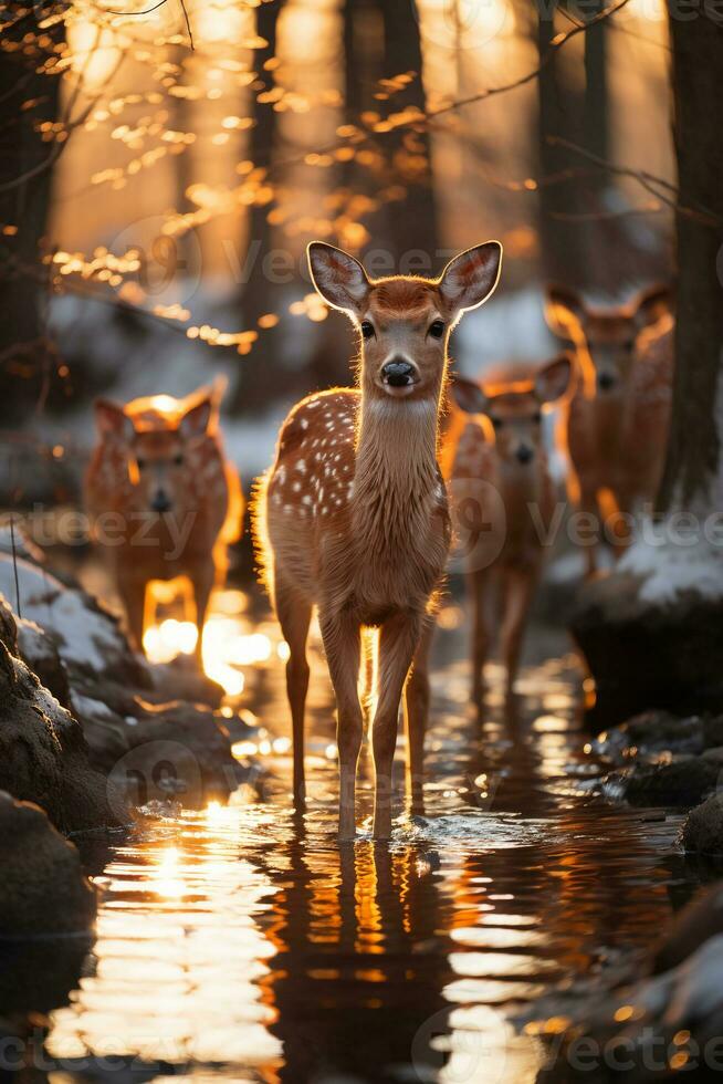 étourdissant la photographie de une troupeau de cerf dans congelé forêt. ai génératif photo