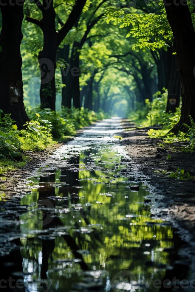 été, le Soleil brille brillamment, forêt chemin. ai génératif photo