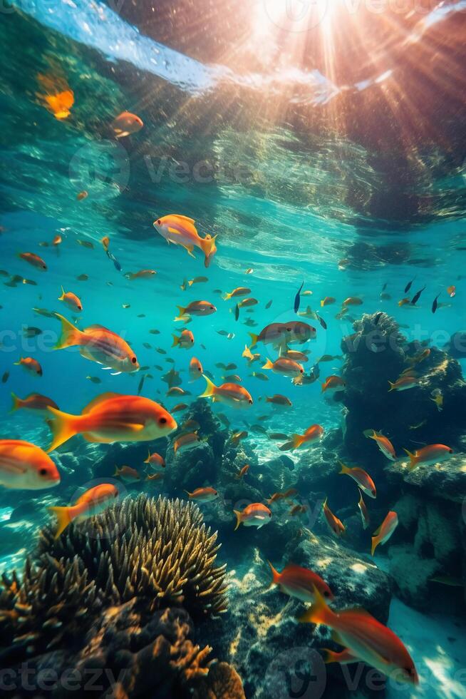 sous-marin école de diverse tropical poisson nager rapidement. ai génératif photo