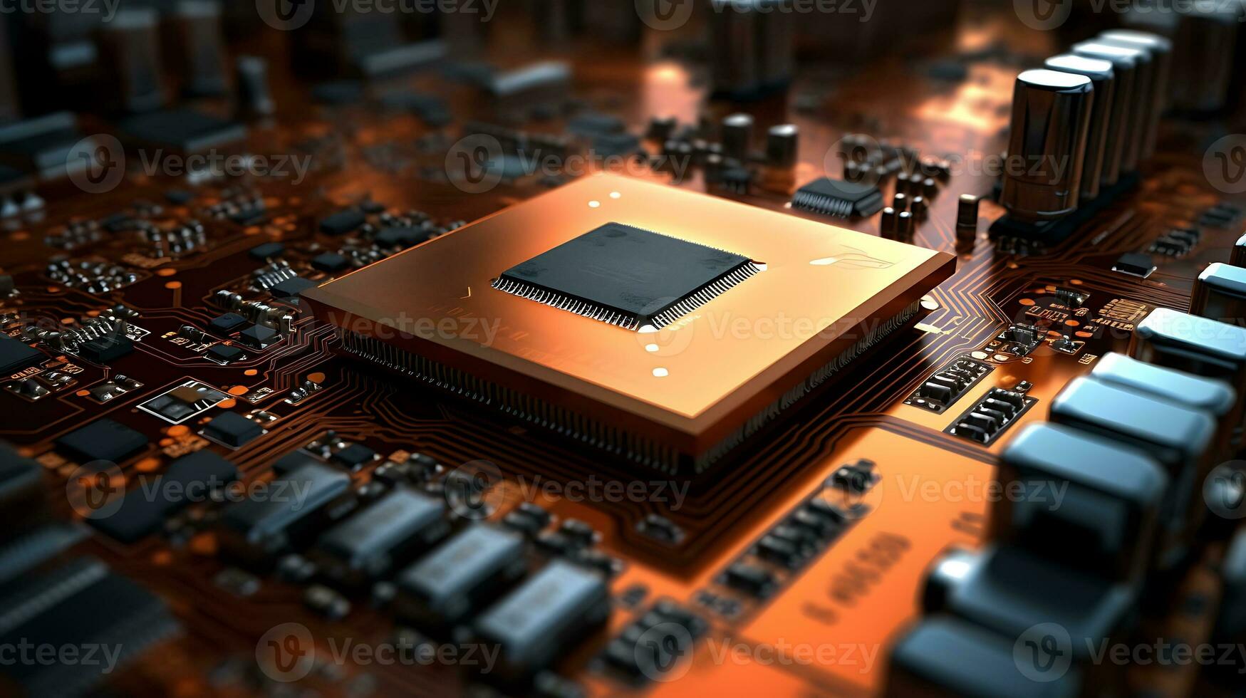 illustration de une circuit cyberespace planche avec une macro tir, mettant en valeur ordinateur carte mère Composants et puces électroniques avec complexe puce structure. photo