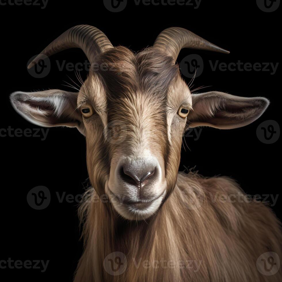 portrait de une chèvre visage tir, fermer, isolé sur noir Contexte. génératif ai photo