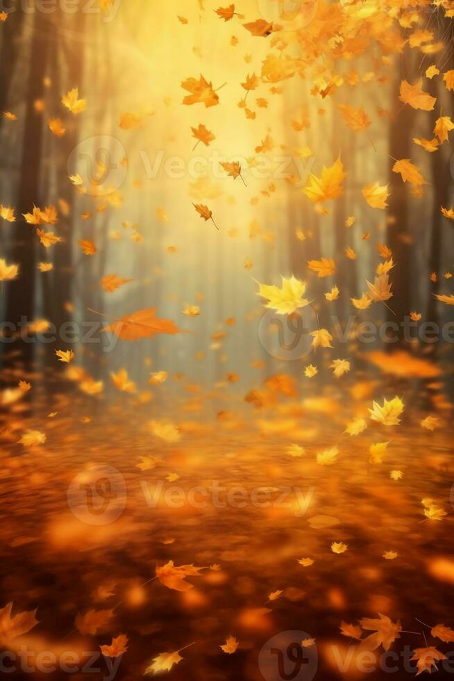 l'automne feuilles chute sur brumeux arrière-plan, chaud briller. ai génératif photo