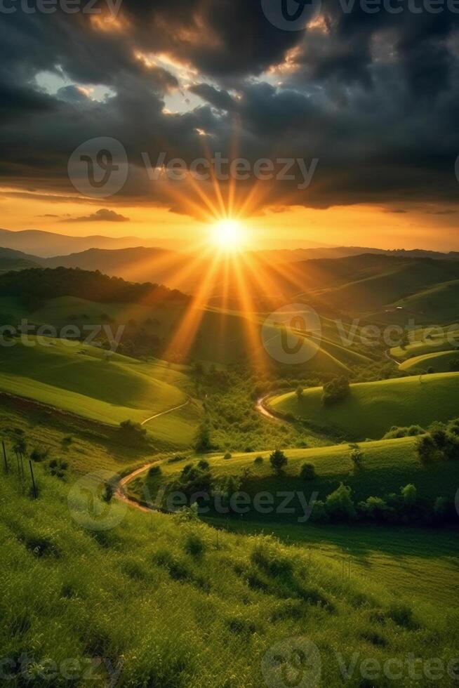 le Soleil monte plus de une flanc de coteau avec herbeux des champs et un zone avec une colline. ai génératif photo