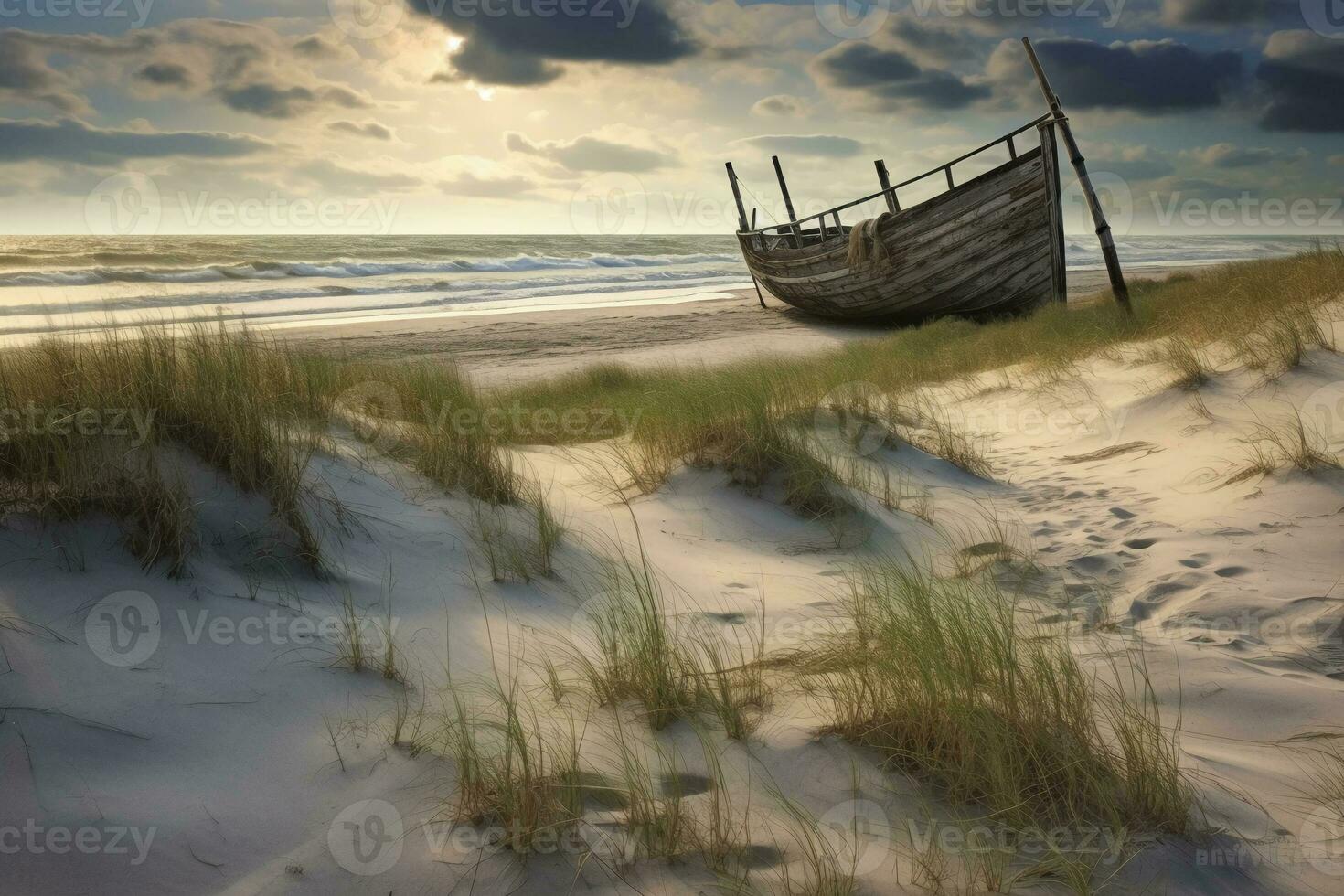 une photographier de une déserté plage avec un vieux cassé clôture fonctionnement le long de le dunes dans le premier plan et grappes de mer avoine. ai génératif photo