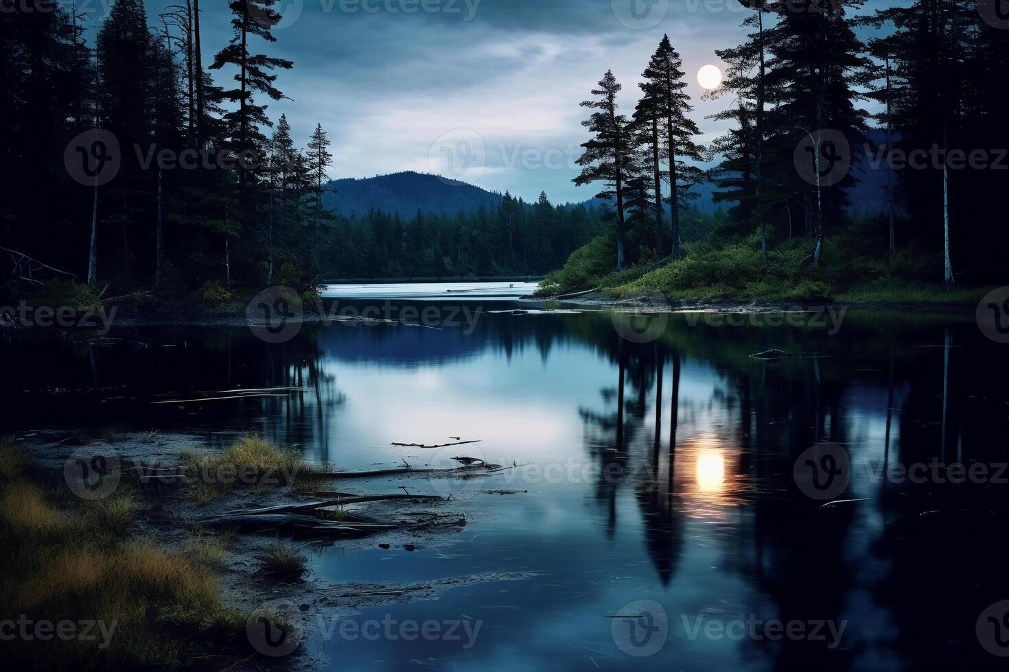 photo de Lac avec lune réflexion. ai génératif