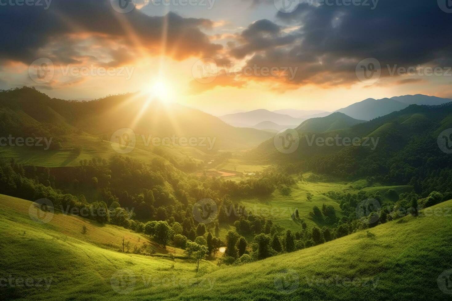 le Soleil monte plus de une flanc de coteau avec herbeux des champs et un zone avec une colline. ai génératif photo