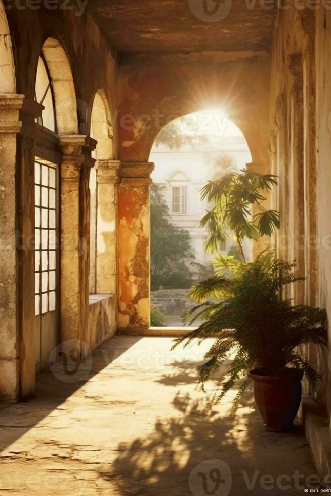 une colonial architecture, baigné dans le Matin lumière, avec fleuri en bois fenêtre cadres et construit de vieux des pierres, ai génératif photo