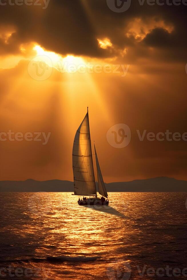 voiles, coucher de soleil, voile bateau voiles ou planche à voile. ai génératif photo