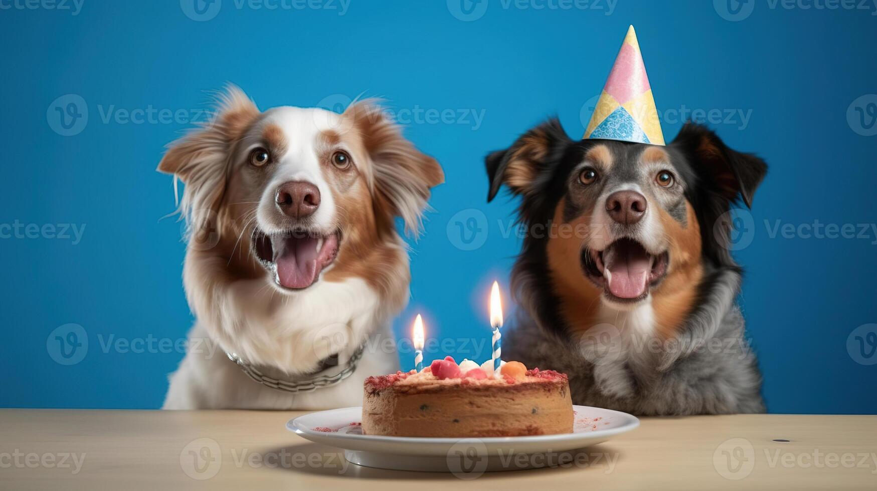 chat et chien portant anniversaire chapeau souriant avec anniversaire gâteau sur tableau. génératif ai photo