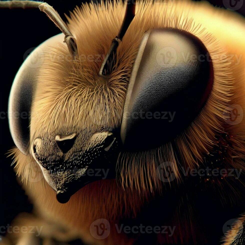 extrême macro proche en haut de le tête de une abeille, ia généré photo