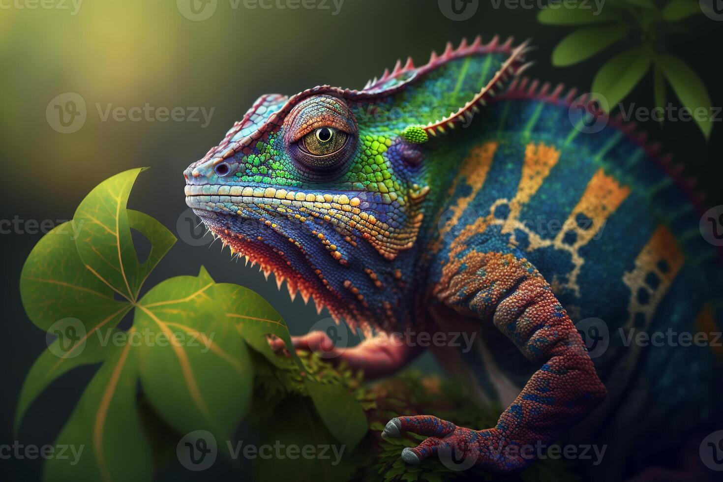 multicolore coloré caméléon dans nature, rare lézard séance sur branche dans jungle. illustration établi par génératif ai photo