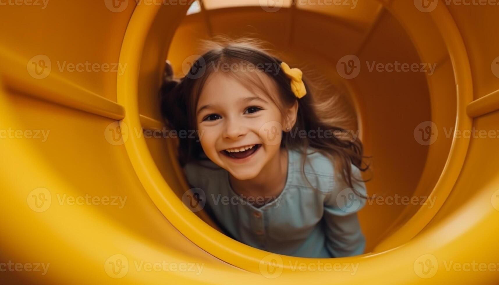 mignonne fille en jouant sur Jaune faire glisser en plein air généré par ai photo