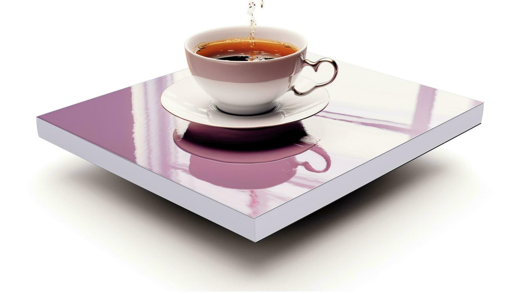 chaud café dans blanc agresser sur soucoupe, sur table généré par ai photo