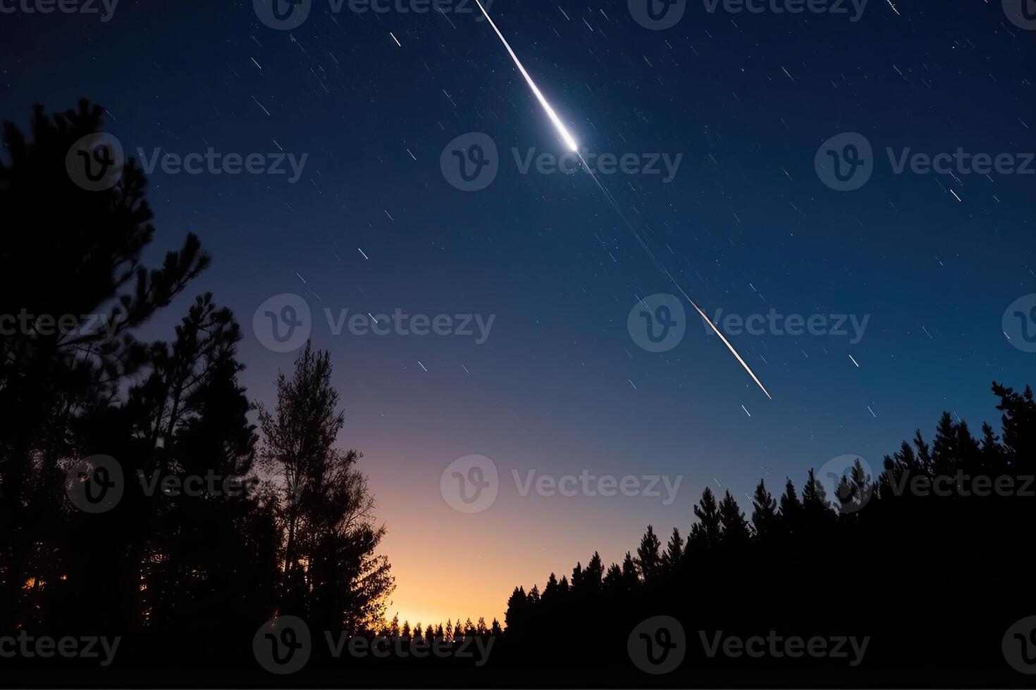 ai généré tournage étoile stries à travers le ciel, en quittant une Piste de lumière dans ses réveiller. photo