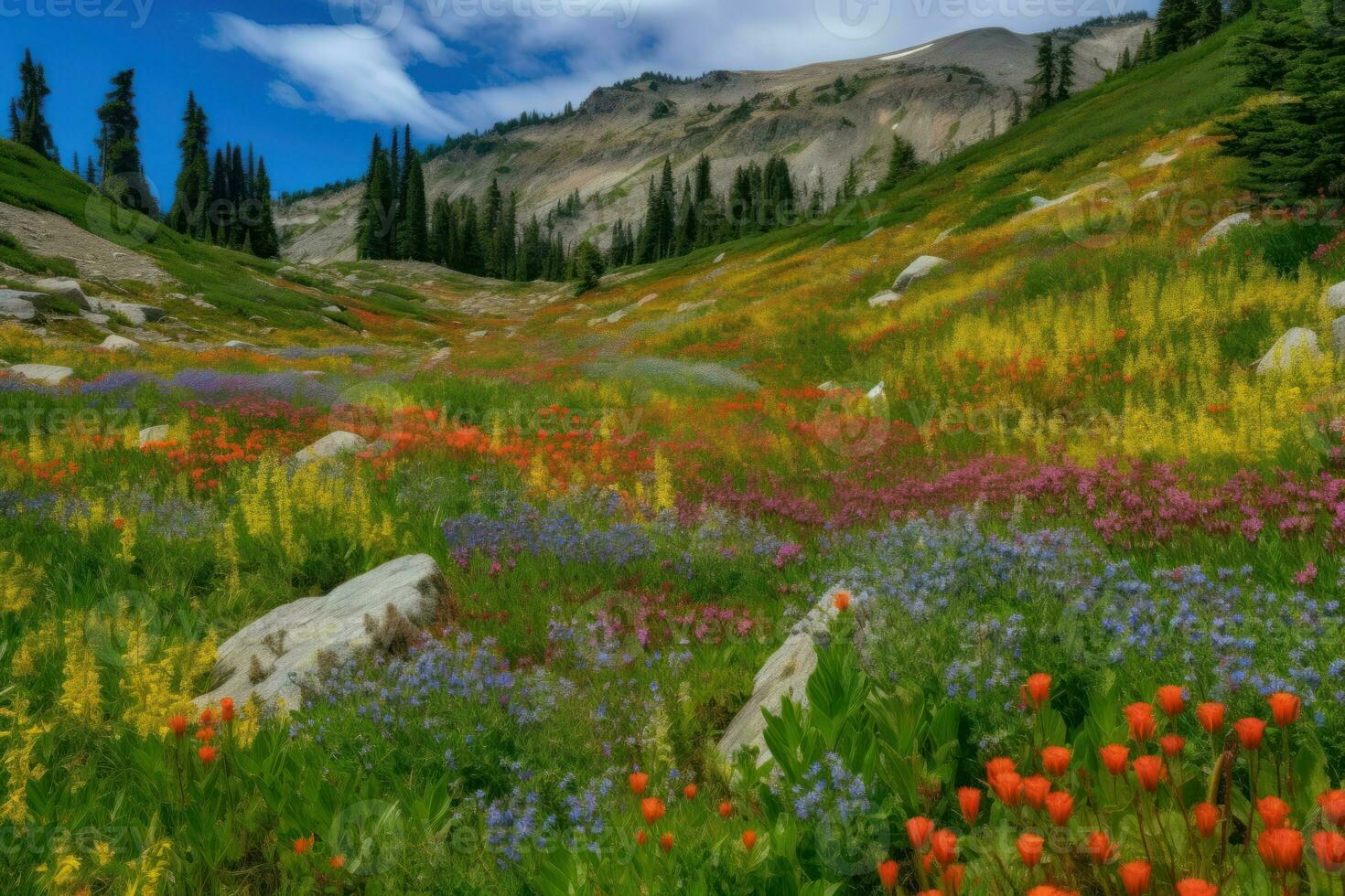ai généré vibrant couleurs de le fleurs sauvages pointillage le paysage apporter la vie à le région sauvage. photo