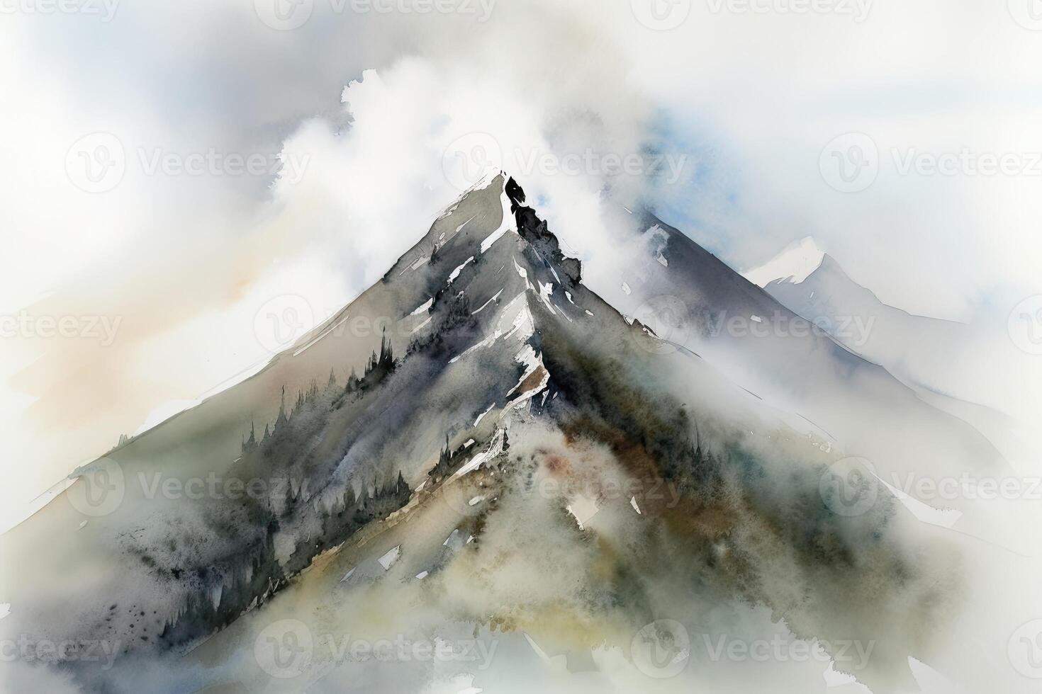 ai généré brumeux Montagne de pointe en hausse en dehors de une brumeux vallée. aquarelle peinture. photo