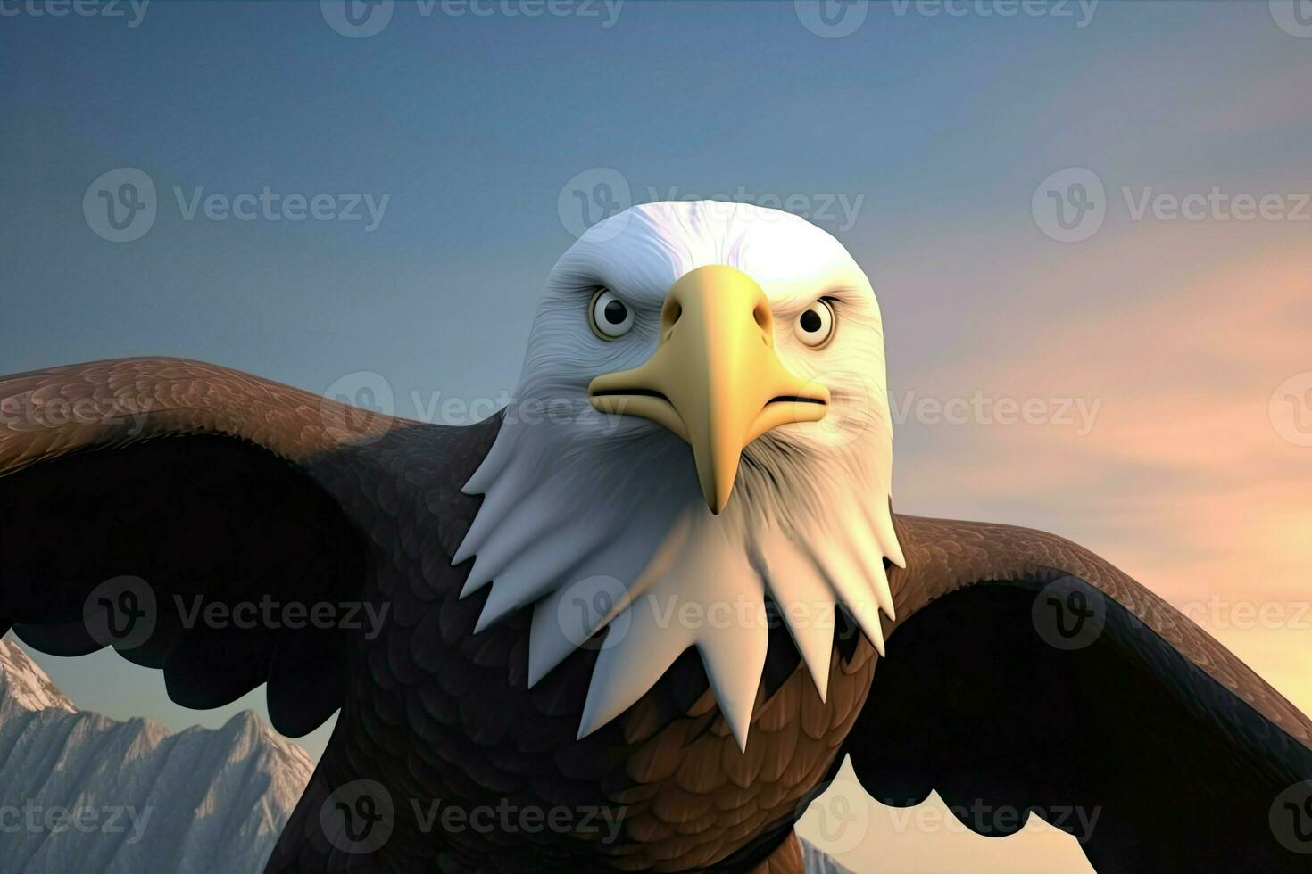 ai généré 3d dessin animé majestueux Aigle monte en flèche par le ciel. ses tranchant yeux balayage le paysage dessous. photo