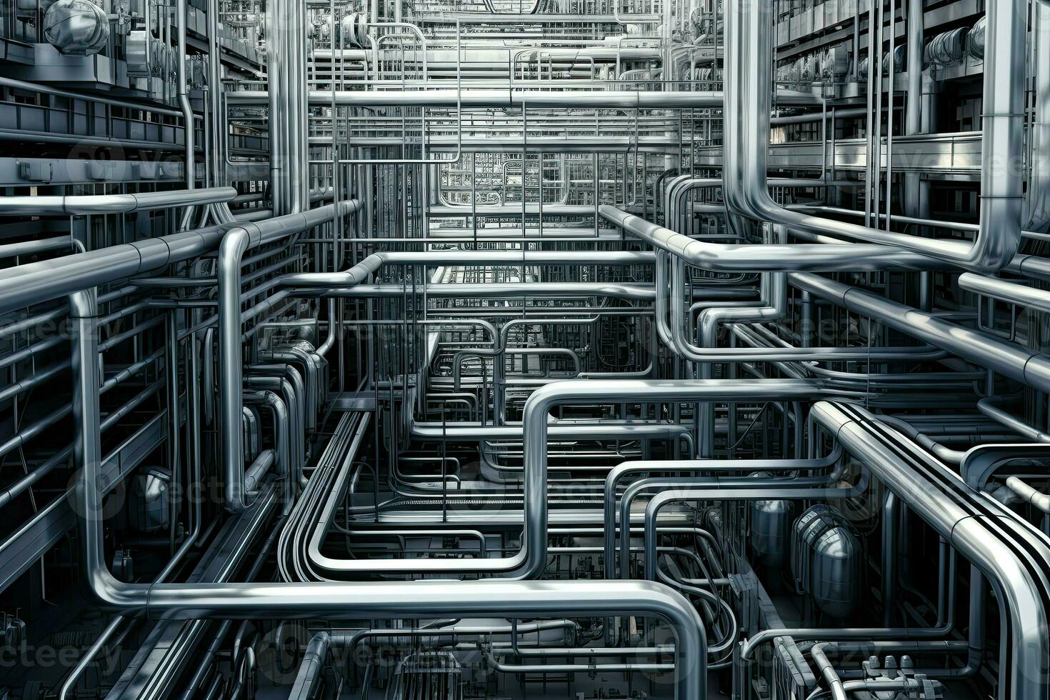 ai généré Labyrinthe de métal tuyaux et fils de le semi-conducteur usine crée un complexe, presque artistique modèle. photo