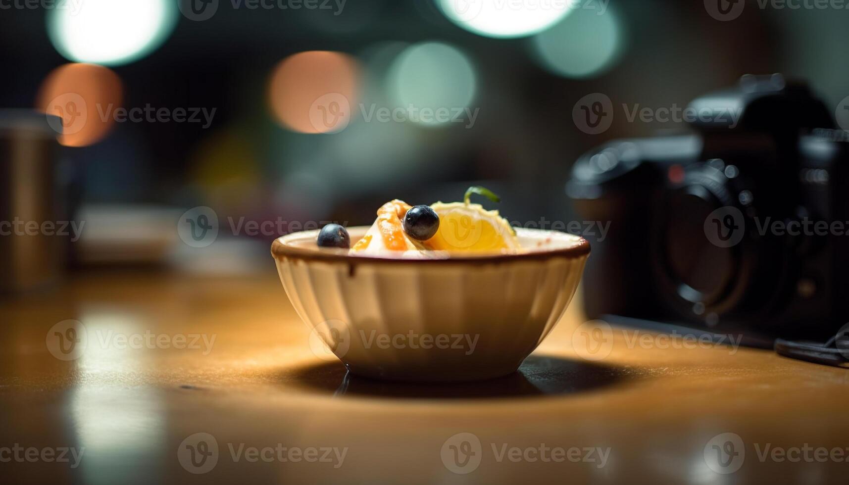 sucré dessert sur en bois table avec myrtille la glace crème indulgence généré par ai photo