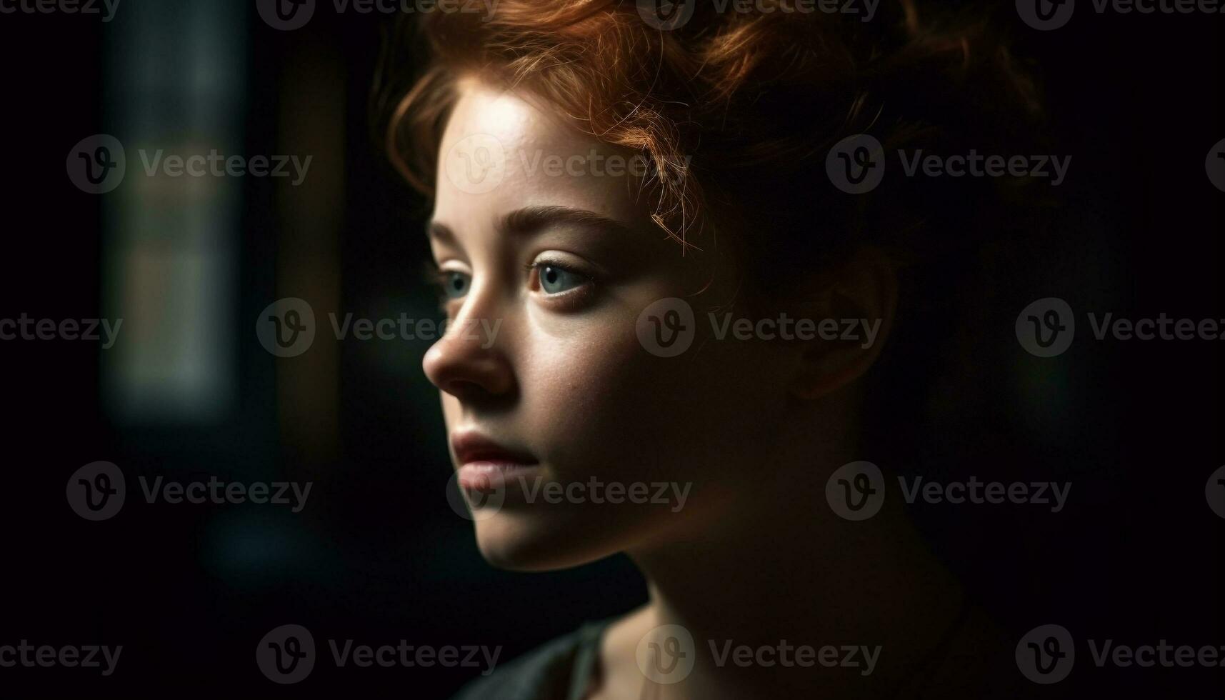 sérieux Jeune adulte avec frisé marron cheveux dans studio coup généré par ai photo