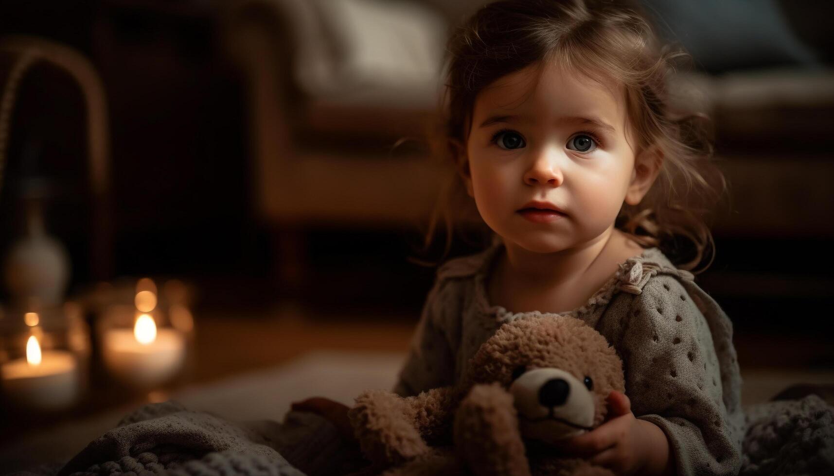 mignonne caucasien bébé fille souriant, en portant nounours ours, en jouant à l'intérieur généré par ai photo