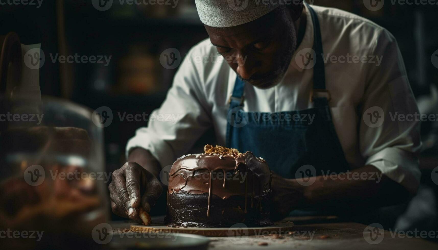 un homme fabrication fait maison Chocolat dessert dans commercial cuisine généré par ai photo
