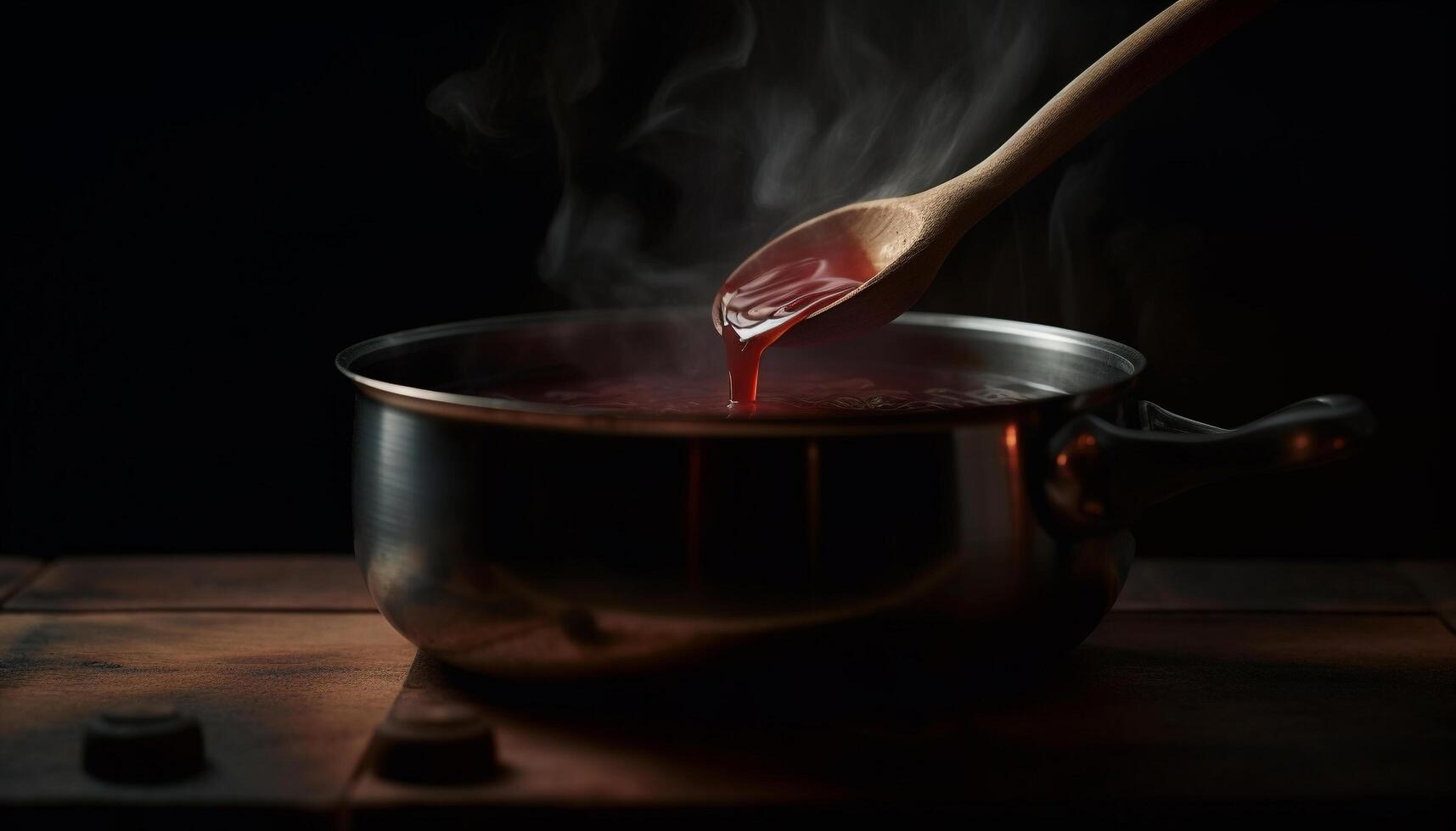 en bois cuillère remue soupe dans rustique cuisine sur vieux le fourneau généré par ai photo