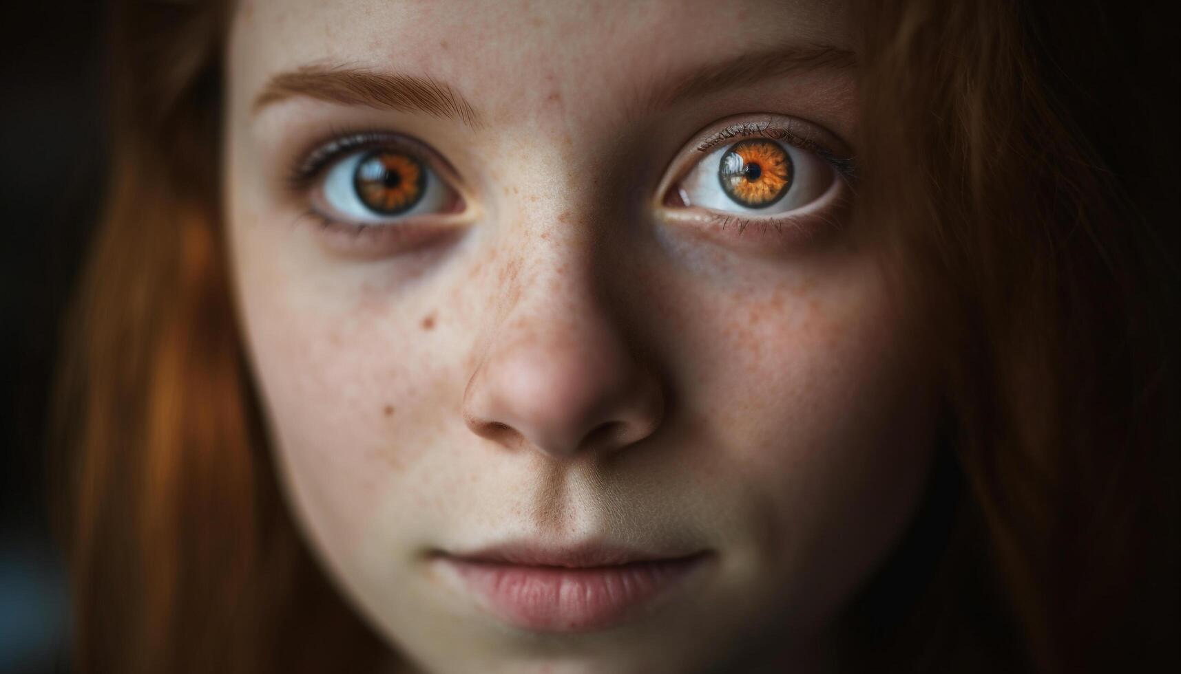 mignonne caucasien fille avec marron cheveux et bleu yeux souriant gaiement généré par ai photo