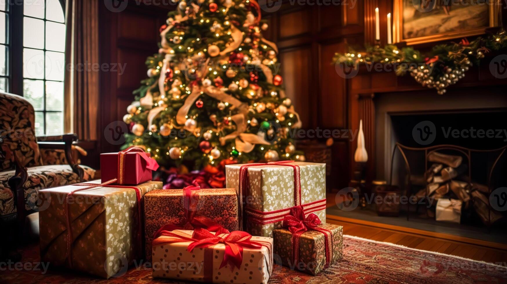 Noël cadeaux, content vacances et vacances fête, enveloppé cadeau des boites, présente et décoré Noël arbre, génératif ai photo