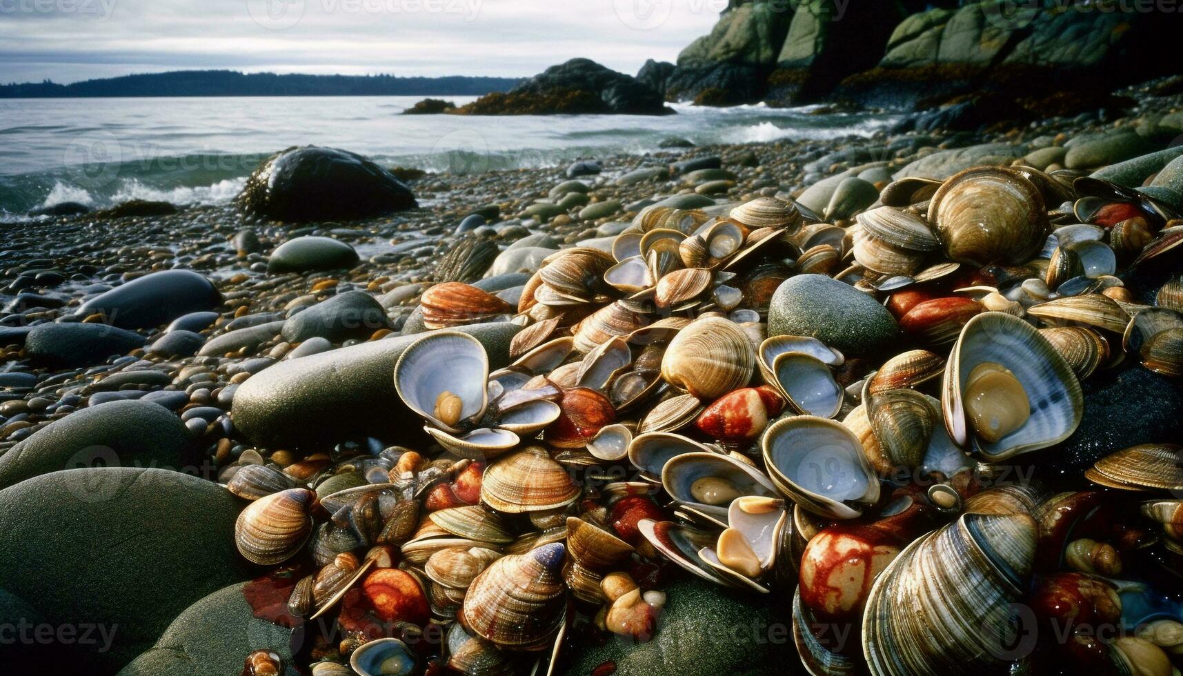 coquillage, moule, et coquille orner humide le sable généré par ai photo