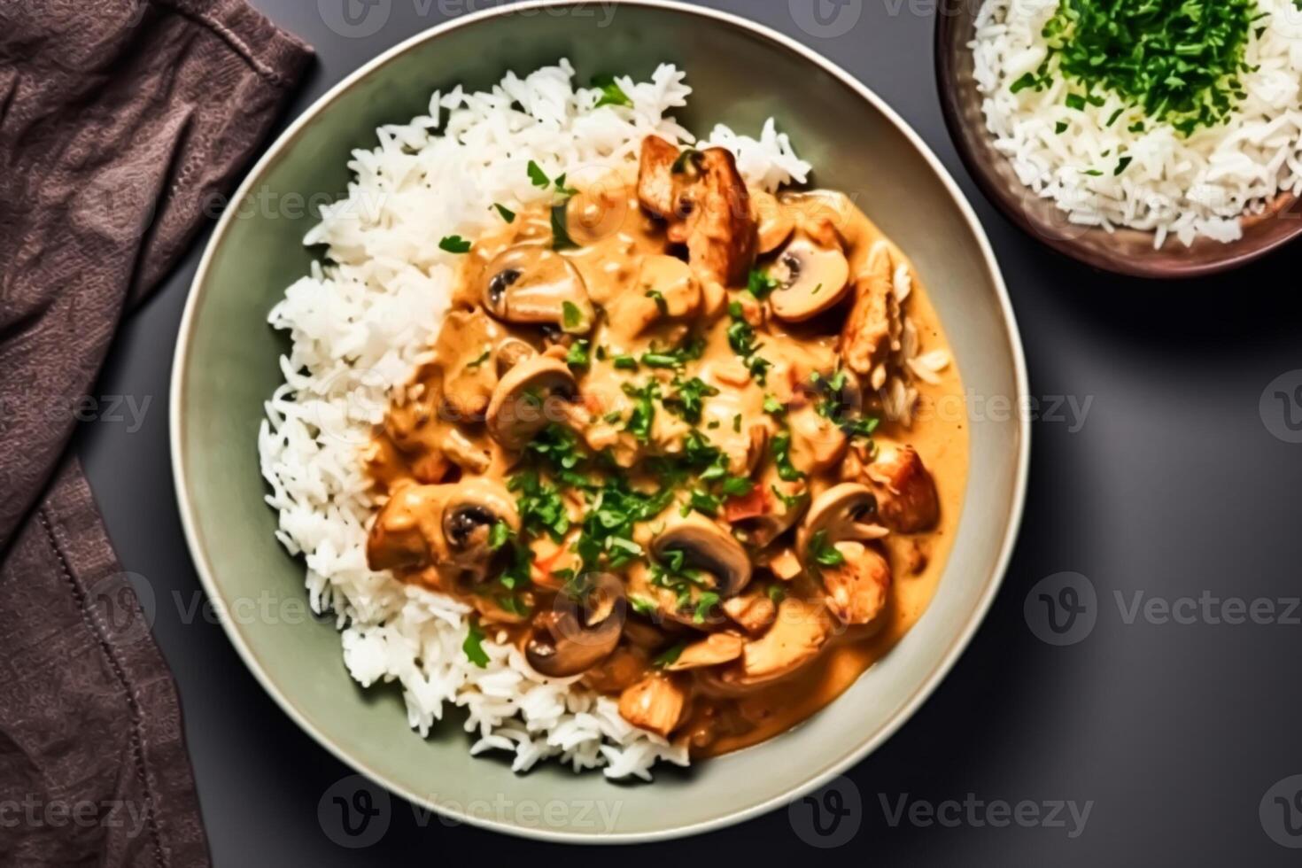 riz avec poulet et champignon sauce, nourriture et régime, comme repas pour le déjeuner ou dîner, savoureux recette, post-traité, génératif ai photo