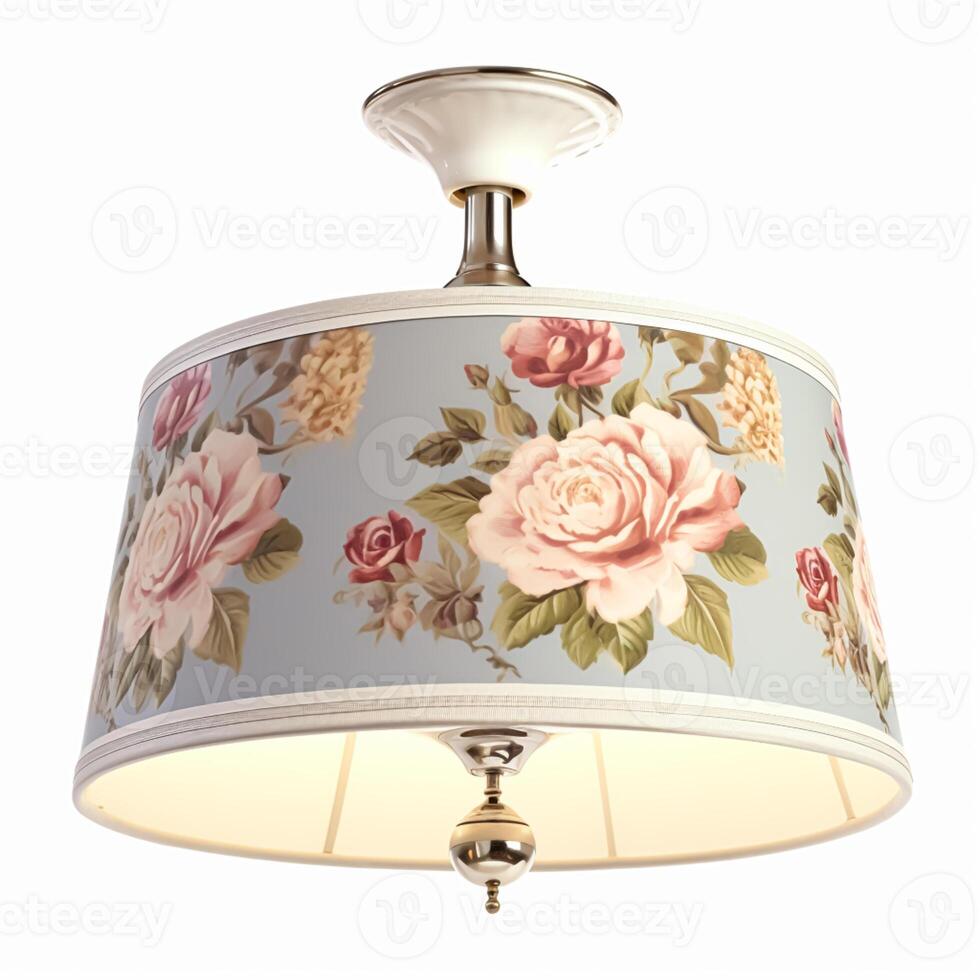 ancien pays style plafond lampe avec une floral abat-jour conception isolé sur blanc arrière-plan, intérieur conception et chalet Accueil décor, génératif ai photo