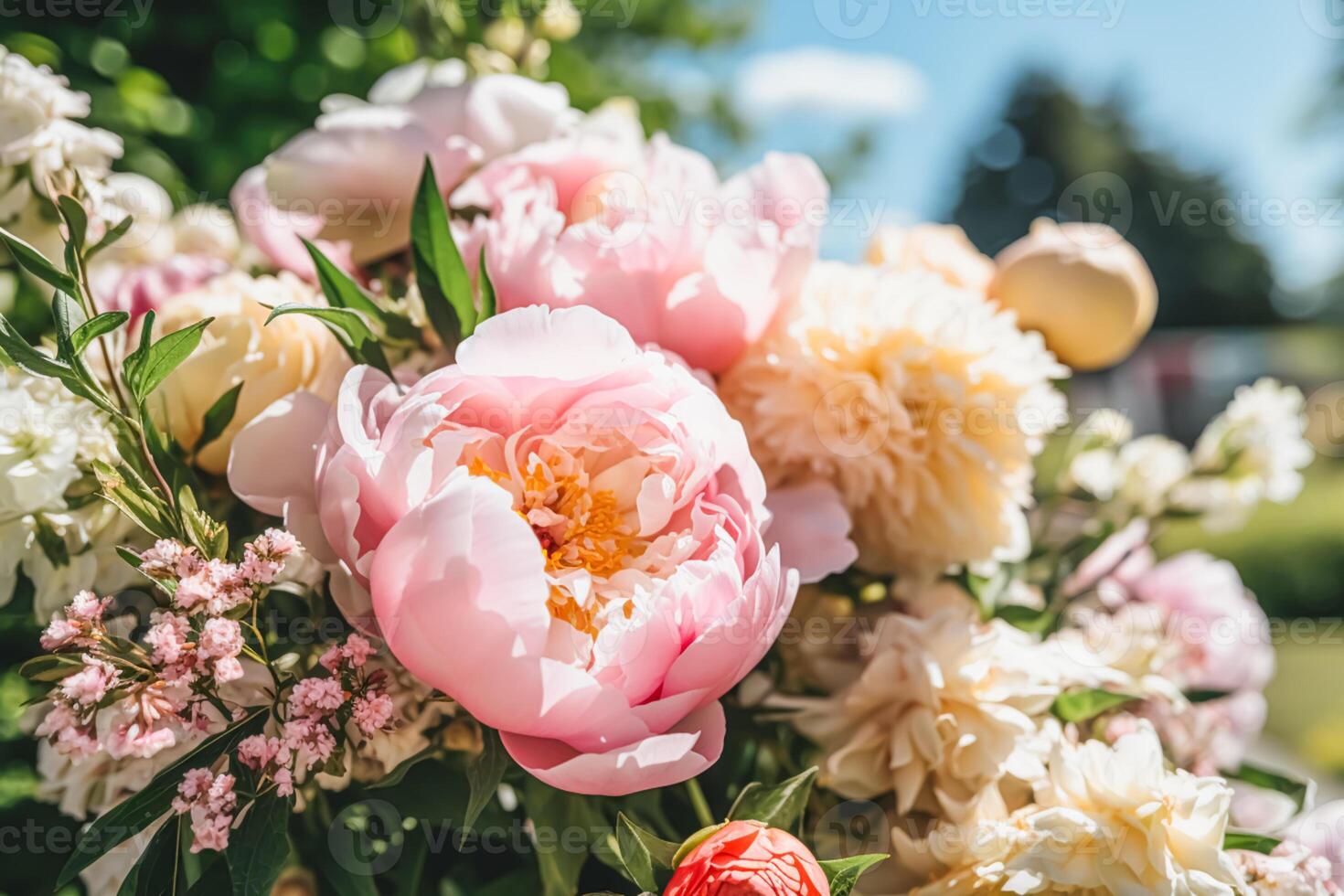 fleur jardin, jardinage et campagne nature, magnifique pivoine fleurs, pivoines épanouissement sur une ensoleillé jour, génératif ai photo