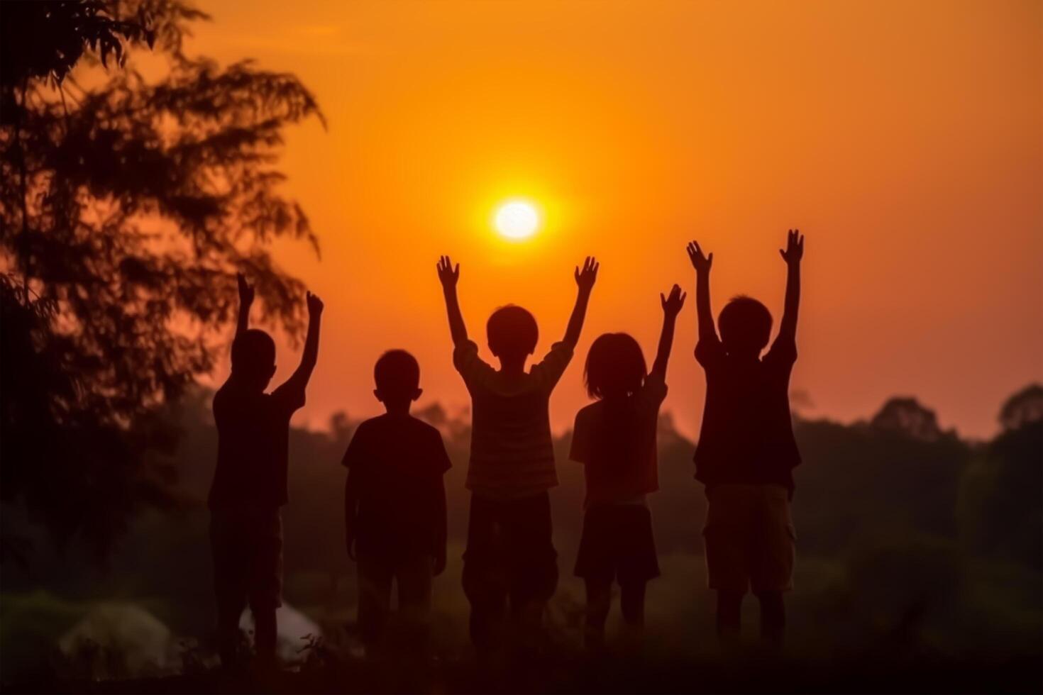 silhouette retour vue réfugié des gamins groupe en jouant dans le coucher du soleil. élevé mains bénédiction prier culte. génératif ai photo