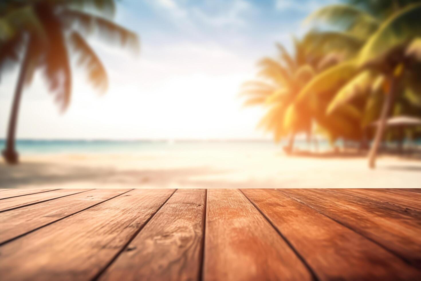 produit présentation dans la nature. brouiller tropical plage avec bokeh Soleil lumière vague sur vide vieux la nature bois table abstrait Contexte. génératif ai photo