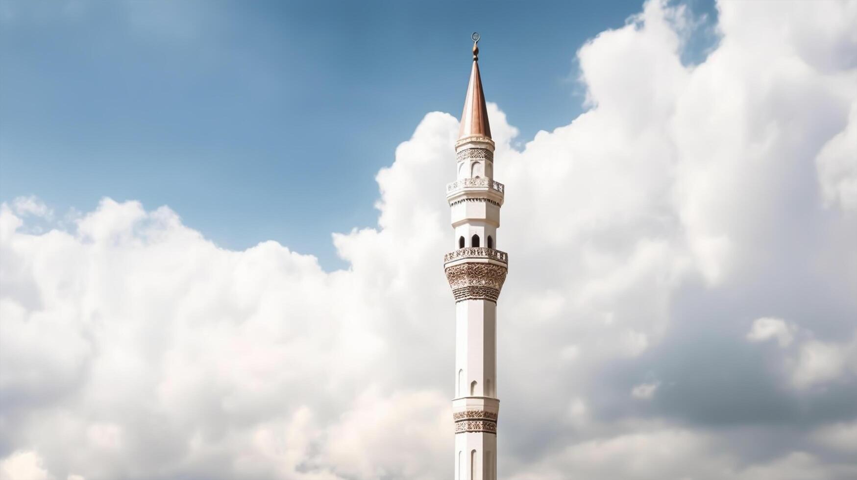 blanc mosquée minaret. mosquée minaret avec nuageux ciel dans Contexte. génératif ai photo