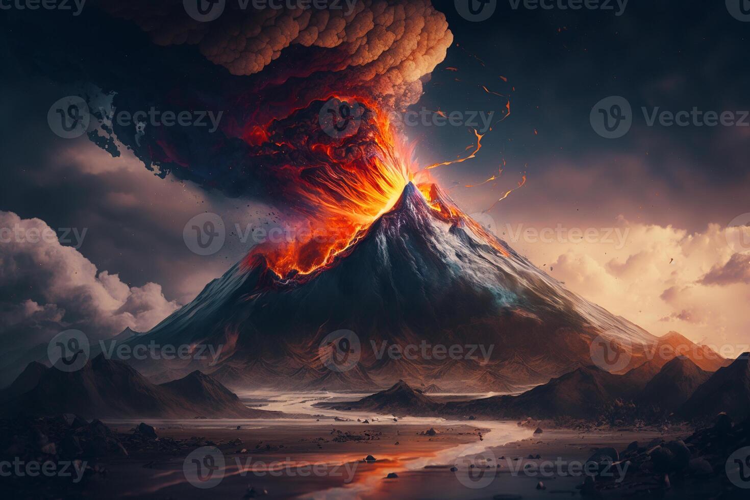 explosion, volcanique éruption sur le montagne, Naturel catastrophe. génératif ai photo