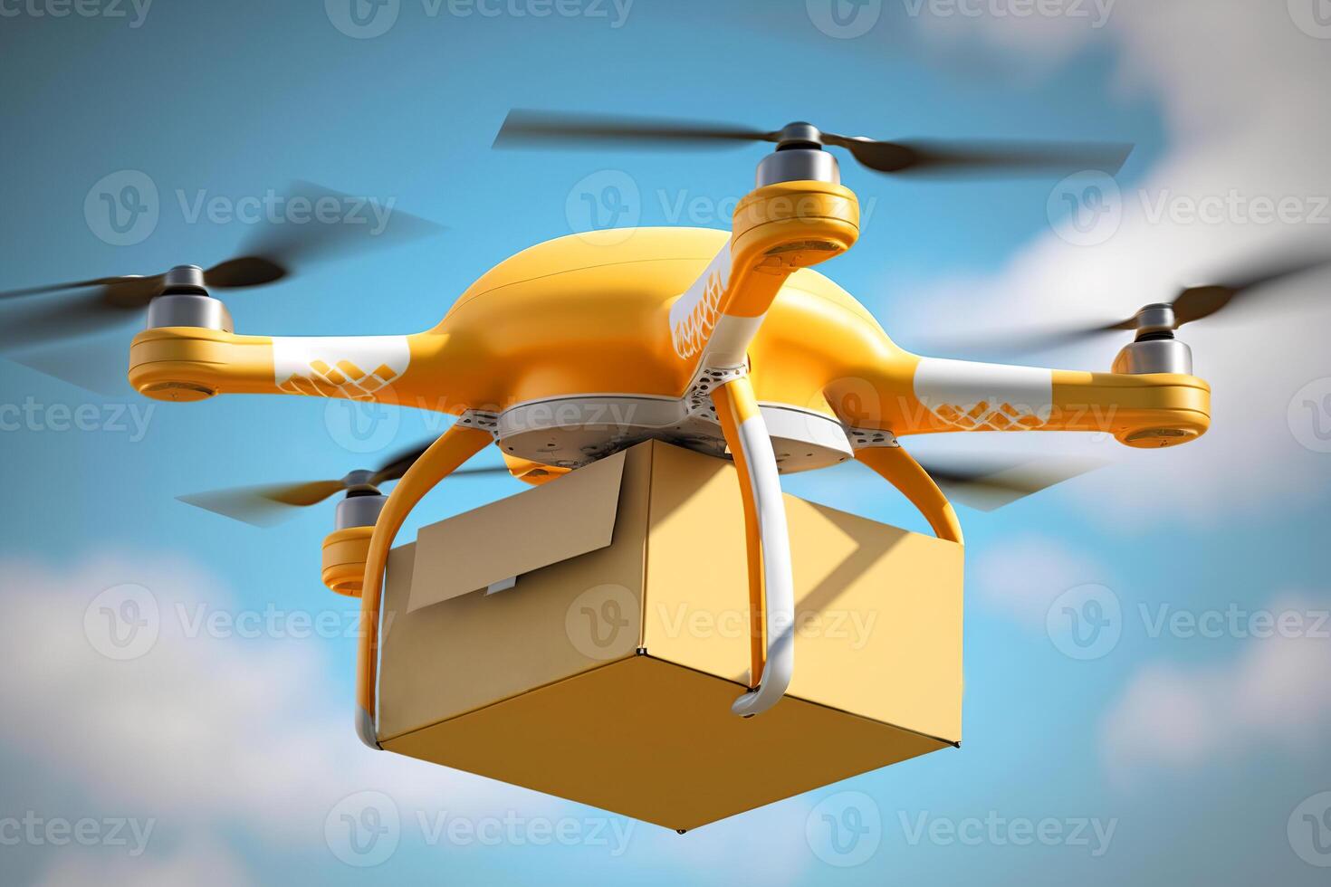 livraison drone, Nouveau les technologies, logistique de avenir, robotique poster. drone en volant dans ciel avec papier carton boîte en plein air. génératif ai photo