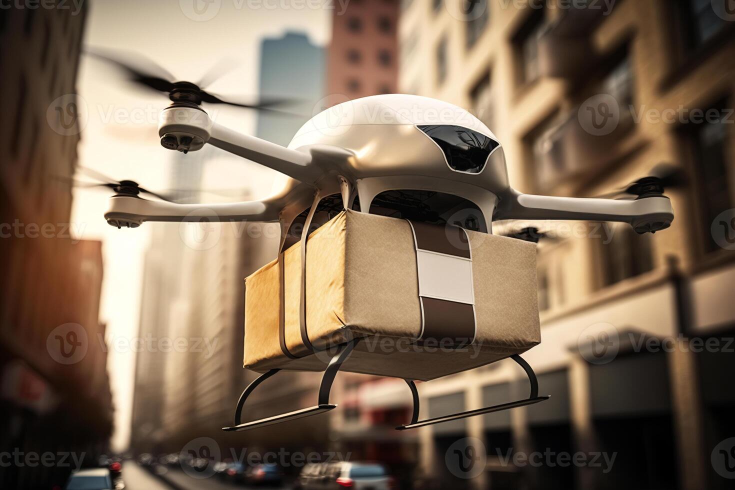 en volant livraison drone avec papier carton boîte dans ville, robotique poster, futur logistique technologie. génératif ai photo