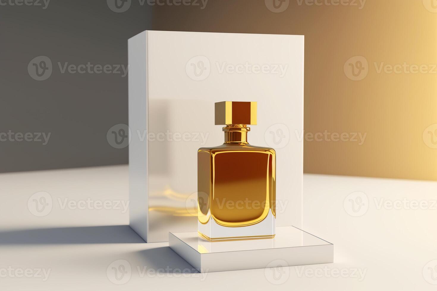 bouteille de sensuel luxe d'or parfum sur blanc podium, minimaliste style parfum fragrance modèle. produits de beauté et beauté sphère concept. génératif ai photo