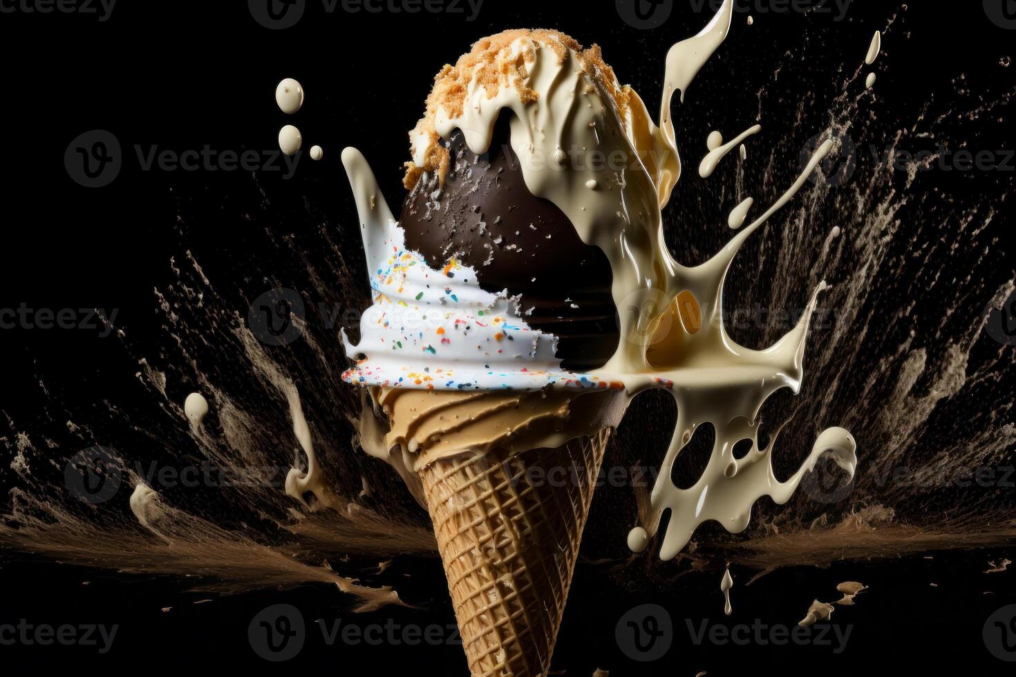 illustration de éclaboussure de la glace crème scoop sur gaufre cône. foncé arrière-plan, génératif ai photo