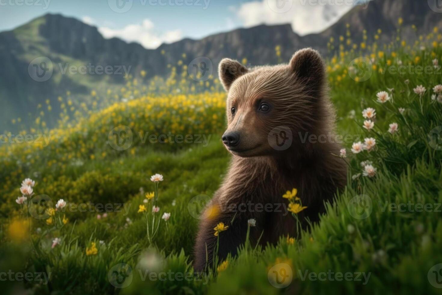 bébé ours dans printemps vert herbe avec fleurs. génératif ai photo