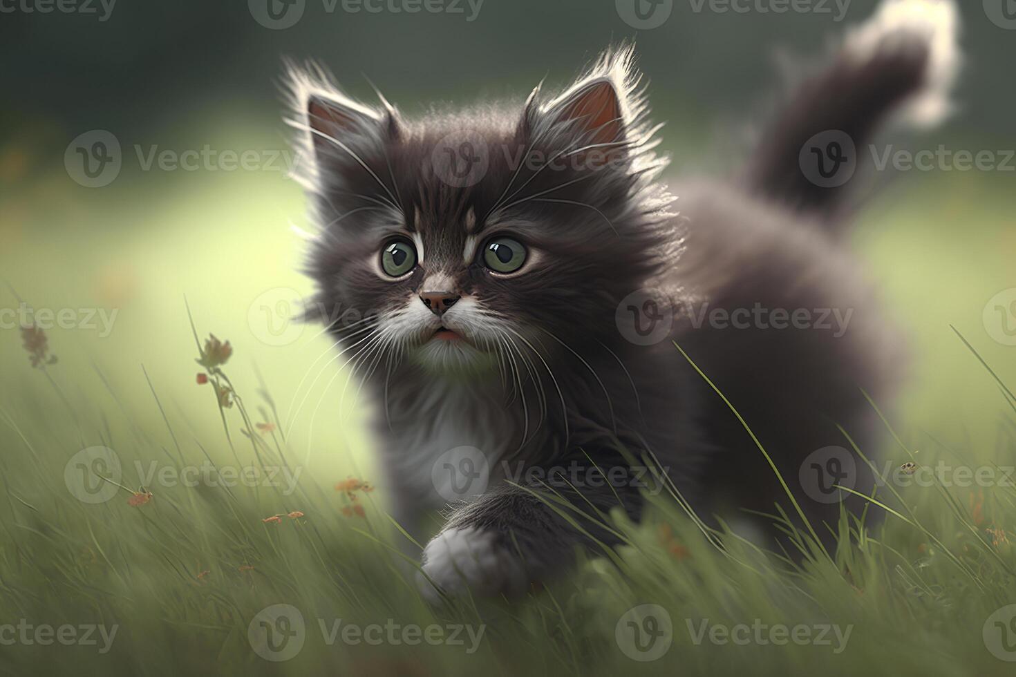 mignonne gris chaton en marchant sur herbe, marrant duveteux animal de compagnie en jouant en plein air. peu chat animal thème, génératif ai photo